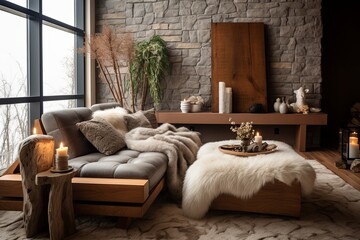 Serene Living Area: Faux Fur Accents and Rugs in Harmony with Serene Rock Garden Concept, Enhanced by Wooden and Clay Decor Items