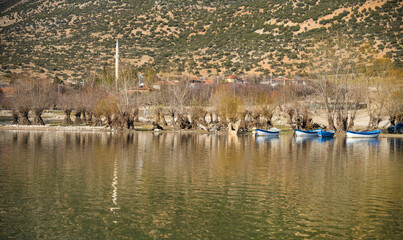 Decorated day-trip boats in Işıklı Lake in Denizli's Çivril district. Isıkli Lake is flooded with visitors during lotus time. It is also a popular lake for hunters.