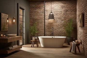 Serene Spa Bathroom with Exposed Brick Wall Designs, Freestanding Tub, and Earth-Toned Tiles