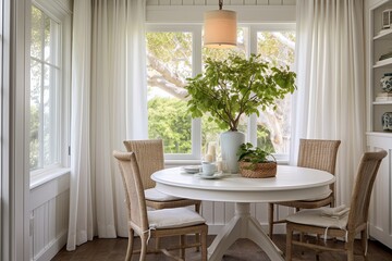 Seaside Elegance: Small Coastal Cottage Dining Area with Round Table and White Drapes