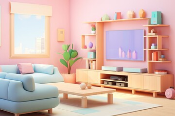 Smart Furniture Harmony: Pastel-Hued Room with Wireless Gadget-Embedded Armrests Playing Relaxing Tunes