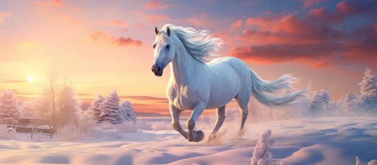 Obraz na płótnie Canvas A white horse is running through the snow-covered landscape, its mane flowing behind it like wisps of a sunset painting in the sky.