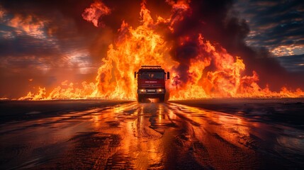 A truck travels under a fiery sky on an asphalt road - obrazy, fototapety, plakaty