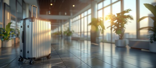 A suitcase rests in a spacious hallway within the airport building, surrounded by large windows and sleek glass fixtures, overlooking a treelined facade - obrazy, fototapety, plakaty