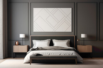 A contemporary bedroom design with an empty frame standing out against a wall dressed in minimalist, geometric patterns.