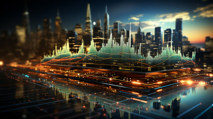 Financial background unites histogram against the background of the night city on the topic of network and trade chart - obrazy, fototapety, plakaty