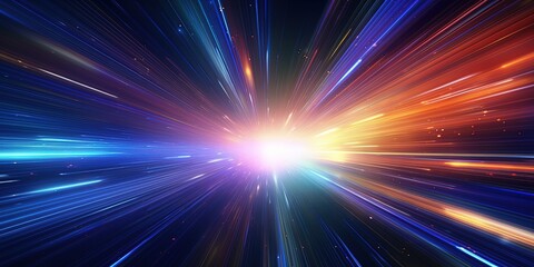 Fototapeta na wymiar Light speed, hyperspace, space warp background. colorful streaks of light gathering towards the event horizon.