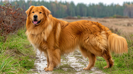 A dog walking along a green lawn in a park, happily Mashas tail and enjoyed freedo