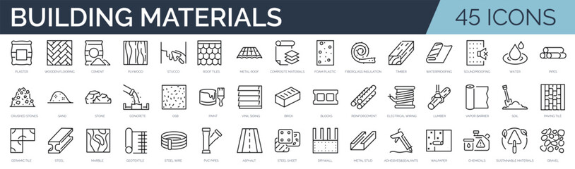 Set of 45 outline icons related to building materials. Linear icon collection. Editable stroke. Vector illustration © SkyLine