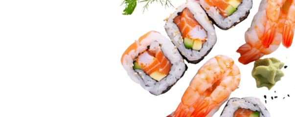 A close up of the srealistic sushi rolls with salmon and rice on transparent background.