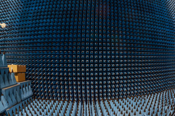 Wall of anechoic chamber with special equipment.