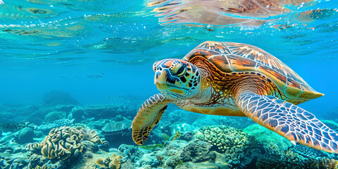 Fototapeta premium A house built on the back of a giant turtle floating along the azure s