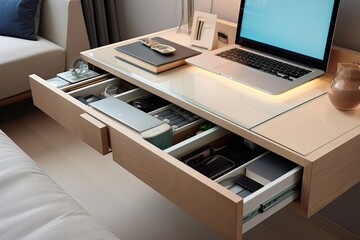 Smart Furniture: Modern Minimalist Room with Console Table Featuring Retractable Gadget Trays
