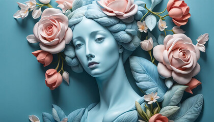 Statue de femme antique avec des fleurs dans un décor romantique, esprit en méditation, journée de la femme - IA générative - obrazy, fototapety, plakaty