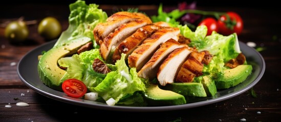 A plate featuring a delicious salad with tender chicken slices and fresh avocado. The crispy lettuce complements the juicy chicken, creating a tasty and satisfying dish.