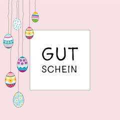 Gutschein - Schriftzug in deutscher Sprache. Quadratische Gutscheinkarte mit hängenden Ostereiern auf einem rosafarbenen Rahmen.