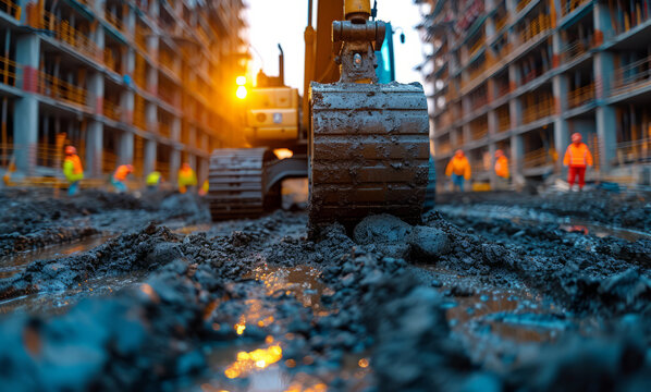 Excavator is working on construction site the workers are digging the ground and repairing the road.