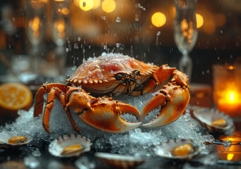 Fresh crab and oysters with glass of white wine on ice