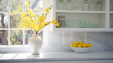 A bright and airy kitchen with sleek white cabinets, a marble countertop, and pops of vibrant yellow accessories.