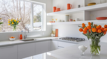 A bright and airy kitchen with sleek white cabinets, a marble countertop, and pops of vibrant orange accessories.