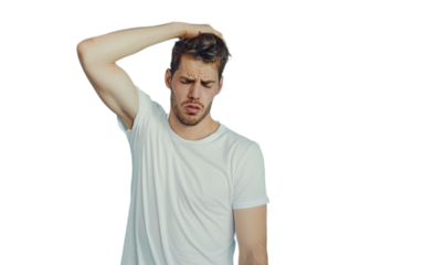 A portrait of the young unwell man with fever and flu touching head.