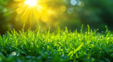 Fototapeta na wymiar Fresh green grass with dew drops in the early morning
