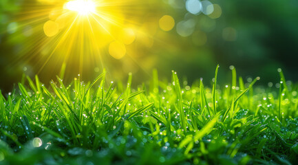 Fresh green grass with dew drops in the early morning - obrazy, fototapety, plakaty