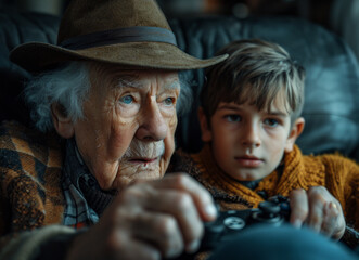 Obraz premium Grandfather and grandson are sitting on the couch and watching something interesting on digital camera.