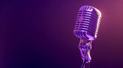 Vintage microphone on purple background. Banner with empty space for text. Generated AI
