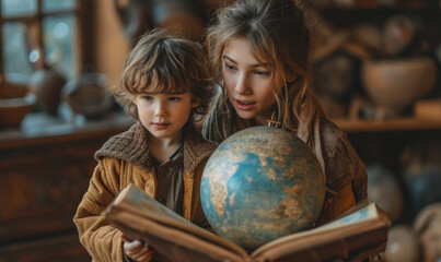 Young girl and boy look at globe together.