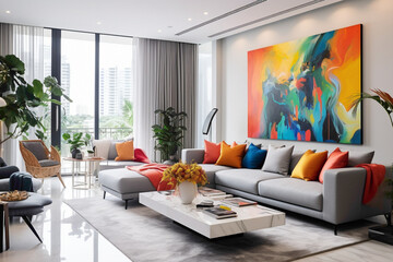 A bright and airy living area designed with simplicity in mind, incorporating colorful accents to add character and interest to the overall aesthetic