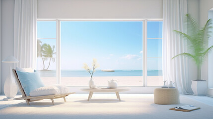 A bright and airy living room with a blank white empty frame, capturing the tranquility of a sunlit beach scene through a large window.