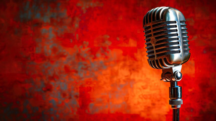 Vintage microphone on bright red background. Banner with empty space for text. Generated AI