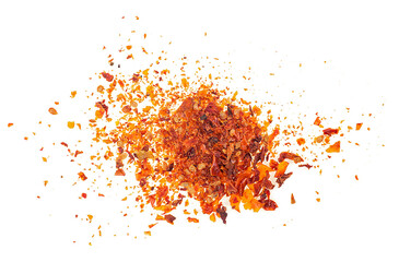 Dried and chopped tomatoes flakes isolated on a white background, top view.