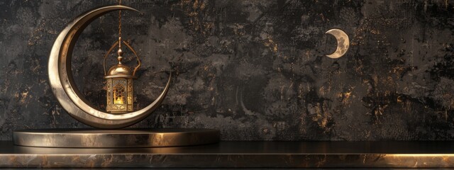 3D modern Islamic holiday banner is perfect for any Ramadan celebration. especially when displayed on a podium featuring a Ramadan lantern. metal moon. and mosque portal. 