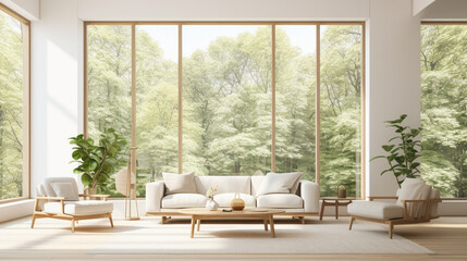 A bright and airy living room with a blank white empty frame, capturing the tranquility of a sunlit forest scene through a large window.