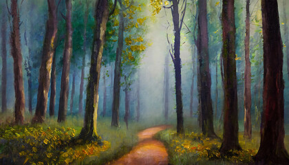 Oil painting of mystic dark forest in the fog. Fantasy natural landscape. Wilderness environment.