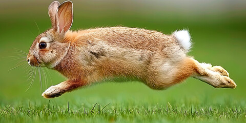 A rabbit jumping on a green lawn in the ass of the house, enjoying fresh air and green gr - obrazy, fototapety, plakaty