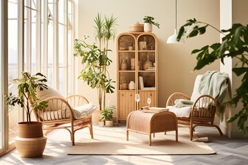Sunlit Rattan Haven: Functional Furniture, Simple Decor, and Lush Greenery