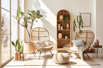 Sunlit Rattan Retreat: Functional Furniture in Plant-Adorned Living Space