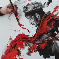 An artist's hand is captured painting a dynamic red and black abstract figure