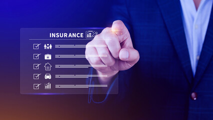 Concept Online Insurance, insurance and assurance icons including family health real estate car and financial for risk management concept, Online insurance.