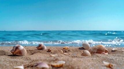 Fototapeta na wymiar Shells scattered along a sunny beach shoreline