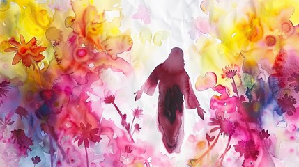 A vibrant watercolor painting depicts a silhouetted figure surrounded by colorful abstract flowers