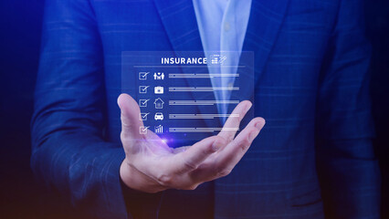 Concept Online Insurance, insurance and assurance icons including family health real estate car and...