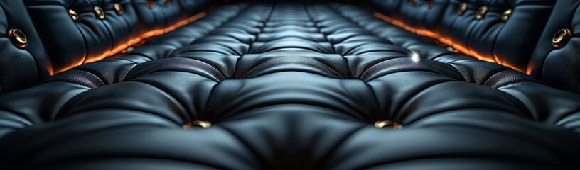 A close up of a black leather couch in a dark room, the texture resembling automotive tire pattern, with a hint of electric blue peeking from the darkness