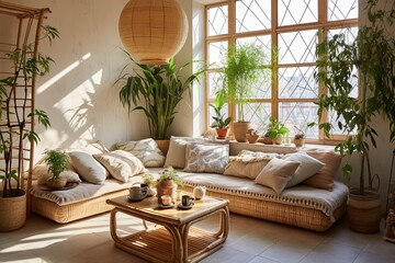 Sunny Apartment Oasis: Bamboo, Stone Fixtures, Plants, and Textiles Harmony