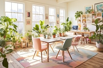 Fototapeta premium Sunny Workspace Vibes: Reclaimed Wood Desks, Pastel Chairs, and Indoor Plants