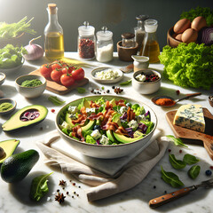 Fresh Cobb Salad on White Marble Counter in Sunlight