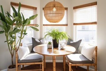 Sunny Breakfast Nook: Retro Lighting Fixtures, Tropical Plant Decorations, Bamboo Shades